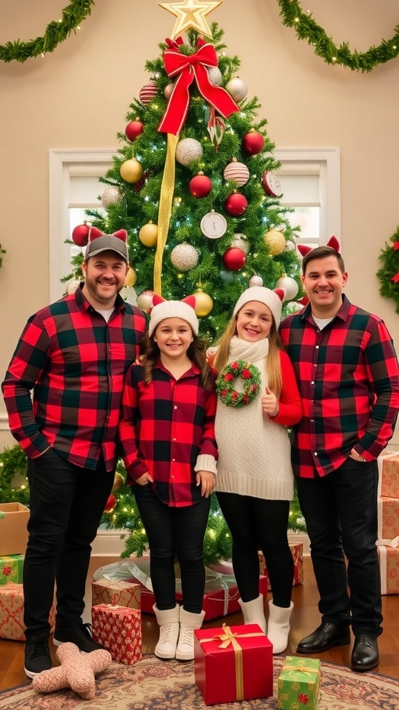 A family in matching Christmas outfits by a decorated tree, showcasing festive holiday spirit.